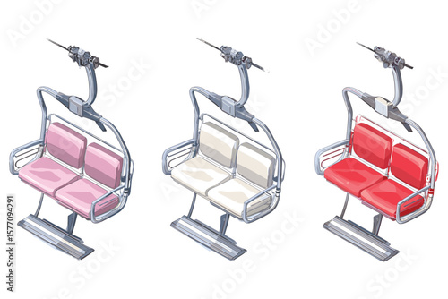 set of isometric ski lift chairs for winter resort design, featuring colorful empty cable cars in flat 3D style