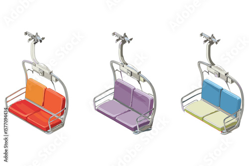 variety of isometric ski lift chairs for mountain travel design, featuring colorful suspended seats in flat 3D style