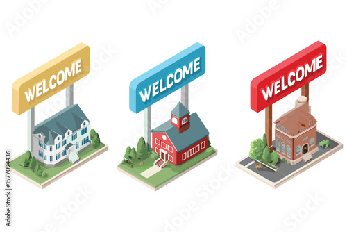 variety of isometric voting signs for political campaign and election design, featuring vote and elect boards in flat 3D style