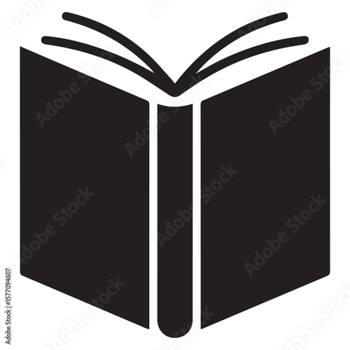 A simple black silhouette of an open book with pages fanned out against a clean white background