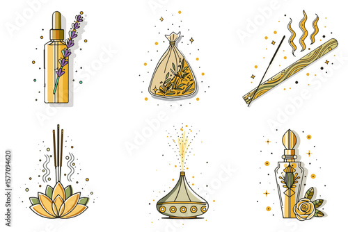Aromatherapy icon set for wellness blogs, spa websites, relaxation clipart, aromatherapy education, health presentations, and awareness