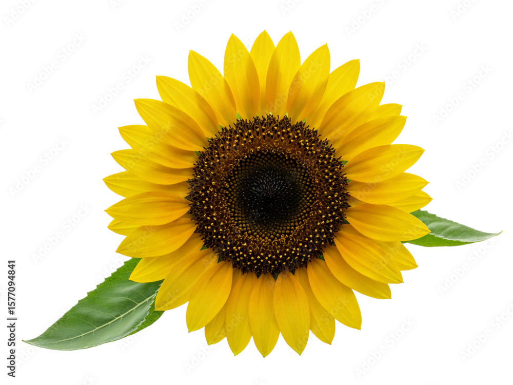 Fototapeta premium Bright yellow sunflower with green leaves isolated on transparent background