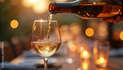 Glass of rich amber-colored wine poured into waiting glass, stem catching light. Delicate glow, warm golden sun glow from outside window, blurred tablecloth, guests, social gathering.