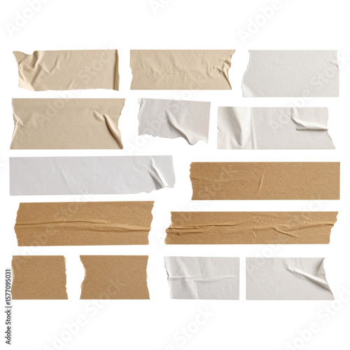 Assorted Masking Tapes Kraft Paper Tape Pieces White Tape Strips Torn on transparent background