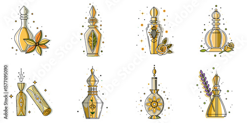 Perfume bottle icon set for beauty blogs, cosmetic websites, fragrance clipart, product design, gift guides, and fashion presentations