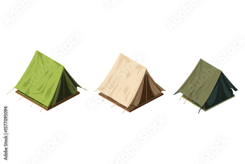variety of isometric camping tents for outdoor recreation design, featuring colorful triangle and dome tents in flat 3D style