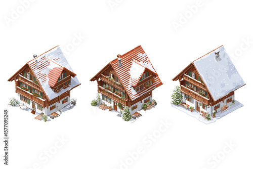 set of isometric wooden cabins for alpine and winter design, featuring snow-covered mountain homes in flat 3D style