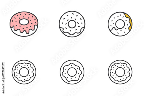 Donut icon set for bakery menus, dessert blogs, sweet shop websites, food clipart, product design, and celebration presentations