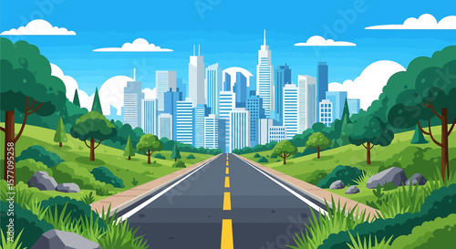 Adobe illustrator vector flat style illustration of a scenic highway leading to a modern city skyline, flanked by lush green hills, trees, and rocks, under a bright blue sky with white clouds.