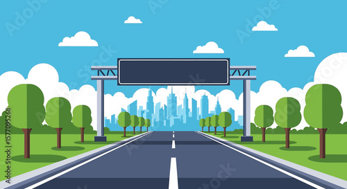 Adobe illustrator vector flat style illustration of a long, straight highway leading towards a distant city skyline, featuring a large blank overhead sign, multiple lanes, streetlights, and trees