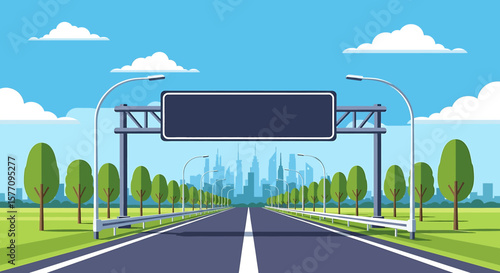 Adobe illustrator vector flat style illustration of a long, straight highway leading towards a distant city skyline, featuring a large blank overhead sign, multiple lanes, streetlights, and trees