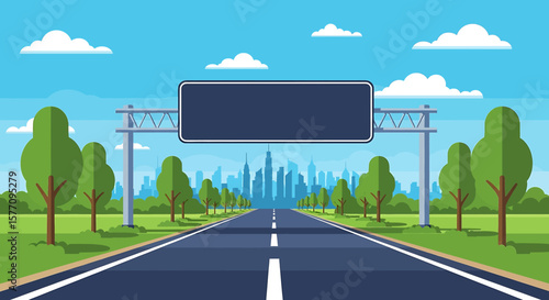 Adobe illustrator vector flat style illustration of a long, straight highway leading towards a distant city skyline, featuring a large blank overhead sign, multiple lanes, streetlights, and trees