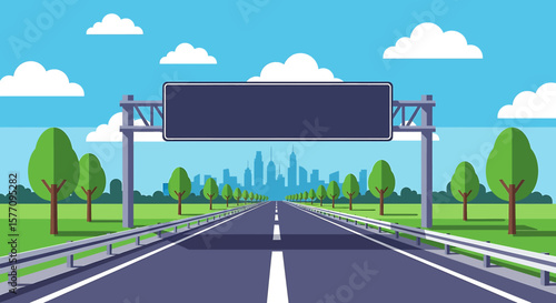Adobe illustrator vector flat style illustration of a long, straight highway leading towards a distant city skyline, featuring a large blank overhead sign, multiple lanes, streetlights, and trees