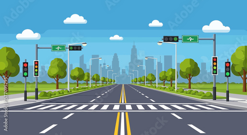 Adobe illustrator vector flat style illustration of a straight city road with multiple lanes, a crosswalk, functioning green traffic lights, streetlights, trees, and a distant urban skyline