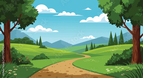 Adobe illustrator vector flat style illustration of a winding dirt path meandering through a lush green landscape with rolling hills, a vibrant forest, and majestic mountains under a clear blue sky