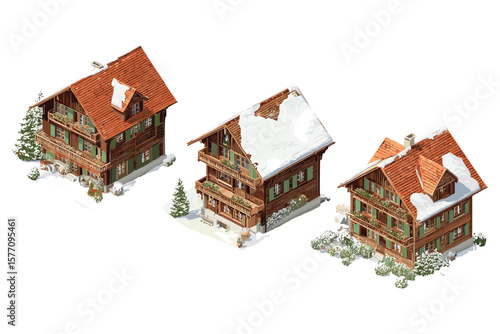 variety of isometric airships for fantasy and steampunk design, featuring metallic dirigibles in flat 3D style