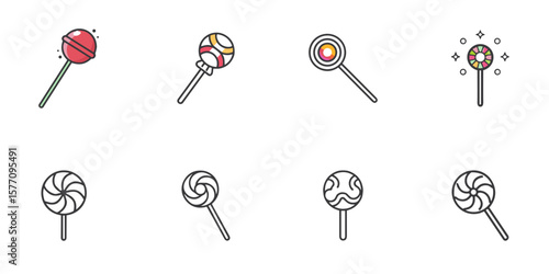 Lollipop icon set for candy shop blogs, sweet menus, children’s party clipart, product design, celebration, and confectionery presentations