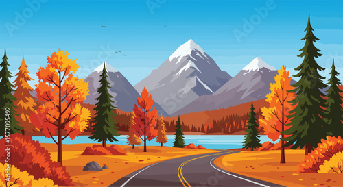 Adobe Illustrator Artwork of a scenic autumn landscape with a winding road, a calm blue lake, majestic snow-capped mountains in the distance, and vibrant orange and yellow foliage on the trees