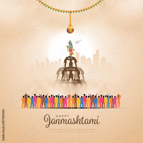 Dahi handi Indian festival of lord Krishna Janmashtami, Govinda pyramid theme celebration design.