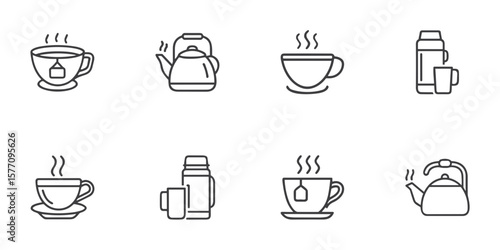 Tea icon set for cafe menus, beverage blogs, tea shop websites, culinary clipart, product design, and hospitality presentations
