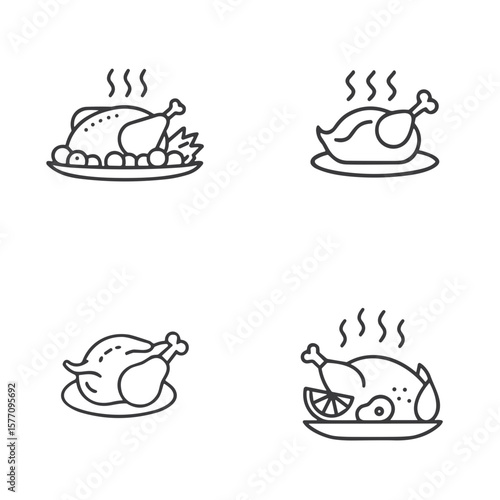 Whole chicken icon set for food blogs, restaurant menus, culinary clipart, product design, recipe books, and holiday presentations
