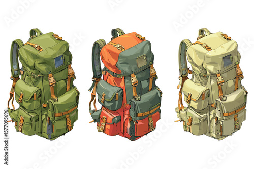 set of isometric explorer backpacks for outdoor and nature travel design, featuring colorful hiking packs in flat 3D style