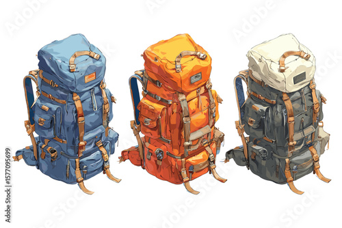 set of isometric travel backpacks for outdoor adventure design, featuring detailed utility packs in flat 3D style