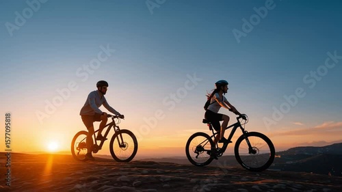 Wallpaper Mural Couple Riding eBikes at Golden Sunset on Scenic Trail. Fluid Adventure & Serene Landscape. Luxurious Outdoor Activity for Active Lifestyle, Romance & Sustainable Travel Concepts. Torontodigital.ca