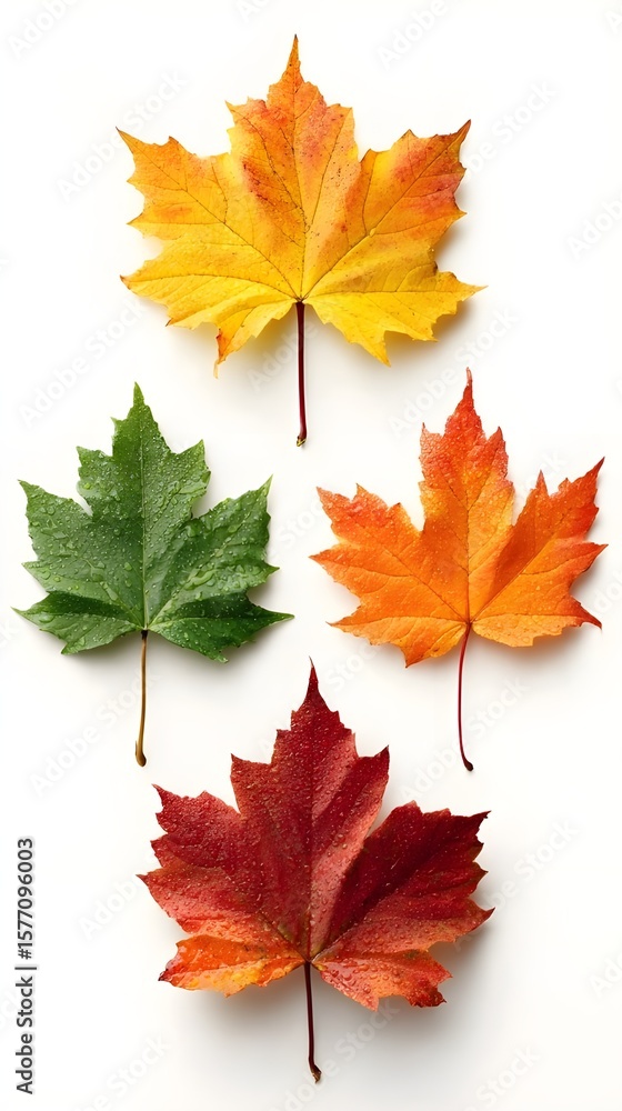 Fototapeta premium Colorful maple leaves in red, orange, green, and yellow on white background with water droplets