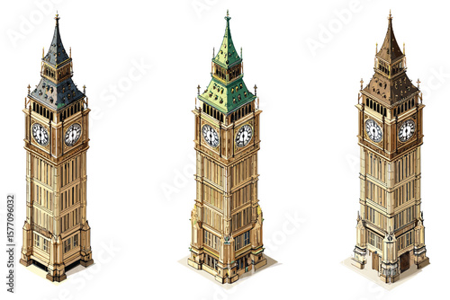 set of isometric clock towers for historical city design, featuring big ben-style architecture in flat 3D style