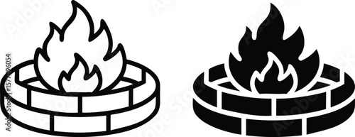 Fire Pit Icon Vector, Outdoor Brick Flame Outline and Solid Campfire Symbol