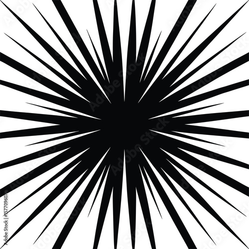A black and white radial burst illustration featuring sun rays and a starburst design with explosion texture and retro stripes