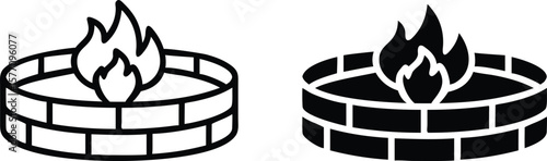 Fire Pit Icon Vector, Outdoor Flame Brick Outline and Solid Campfire Symbol