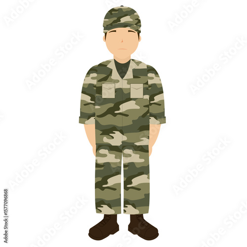 Full-body Army standing firm in green camo uniform and cap, soldier combat-ready, flat art design style.
