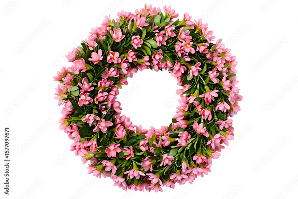 Circular wreath of delicate pink flowers and green leaves on black background Circular wreath of delicate pink flowers and green leaves on black background