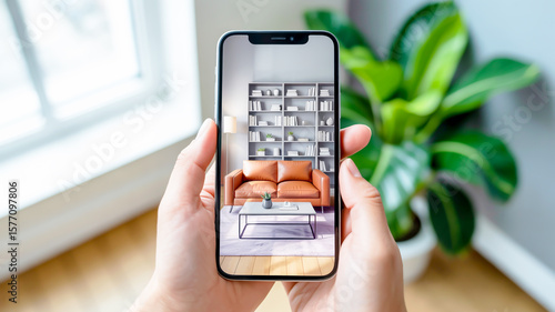A first-person perspective shot of hands holding a black smartphone, displaying a living room interior on its screen
