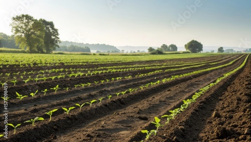 Agricultural field with freshly tilled soil and young seedlings. Rows of green plants in rural landscape. Cultivated crops under clear sky.