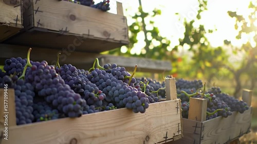 Ripe Purple Grapes Fill Wooden Crates Stacked in Vineyard Under Sunlight