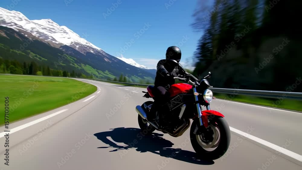 Motorcycle Adventure: Red Bike Riding Through Scenic Mountain Road on Sunny Day Motorcycle Adventure: Red Bike Riding Through Scenic Mountain Road on Sunny Day