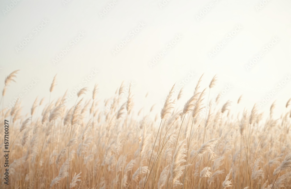 Fototapeta premium Field of tall, slender grass in shades of orange and white. Swaying gently in the breeze, creates sense of depth. Elevated angle provides comprehensive view of the field.