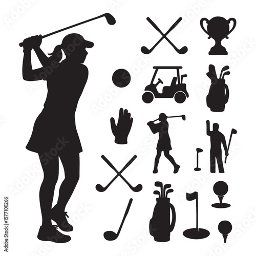 Golf Sport Icons Set - Player, Clubs, Cart, Trophy, Ball, Tee, Equipment Silhouettes

