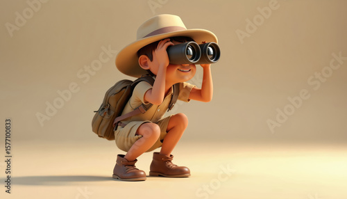 Cartoon explorer character in khaki shorts, white hat, examining distant object with binoculars. Simple composition with character focus, plain background. Adventurous spirit, curious, determined.