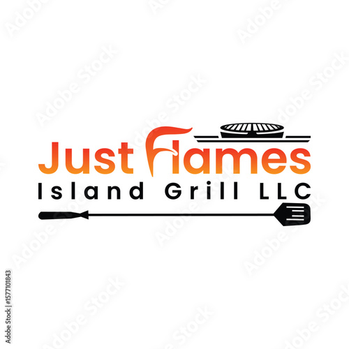 Fiery Island Grill Logo Design Featuring Flames Grill and Island Grill LLC Text with a Spatula Symbol
