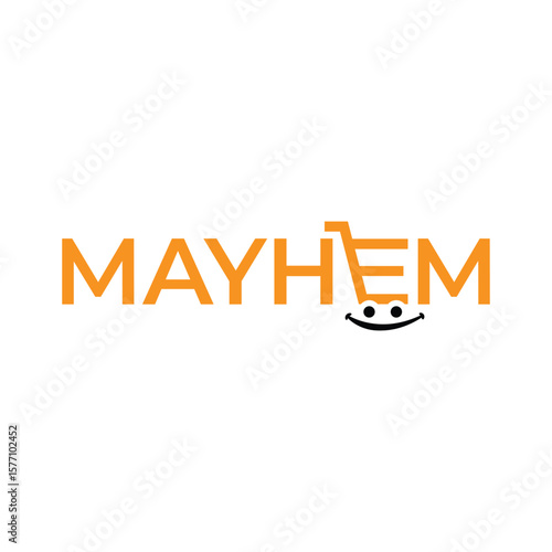 Mayhem Wordmark with Shopping Cart Illustration and Smiling Face Icon in the Cart Design Concept for Retail Business