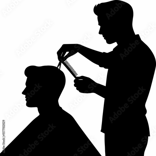 Fotografia black and white sillhouette of a barbar hair cutting isolated white background