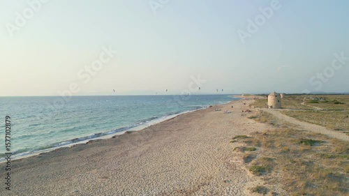 Kitesurfers Enjoying a Windy Day on a Sandy Beach – Aerial View, Lefkada Island