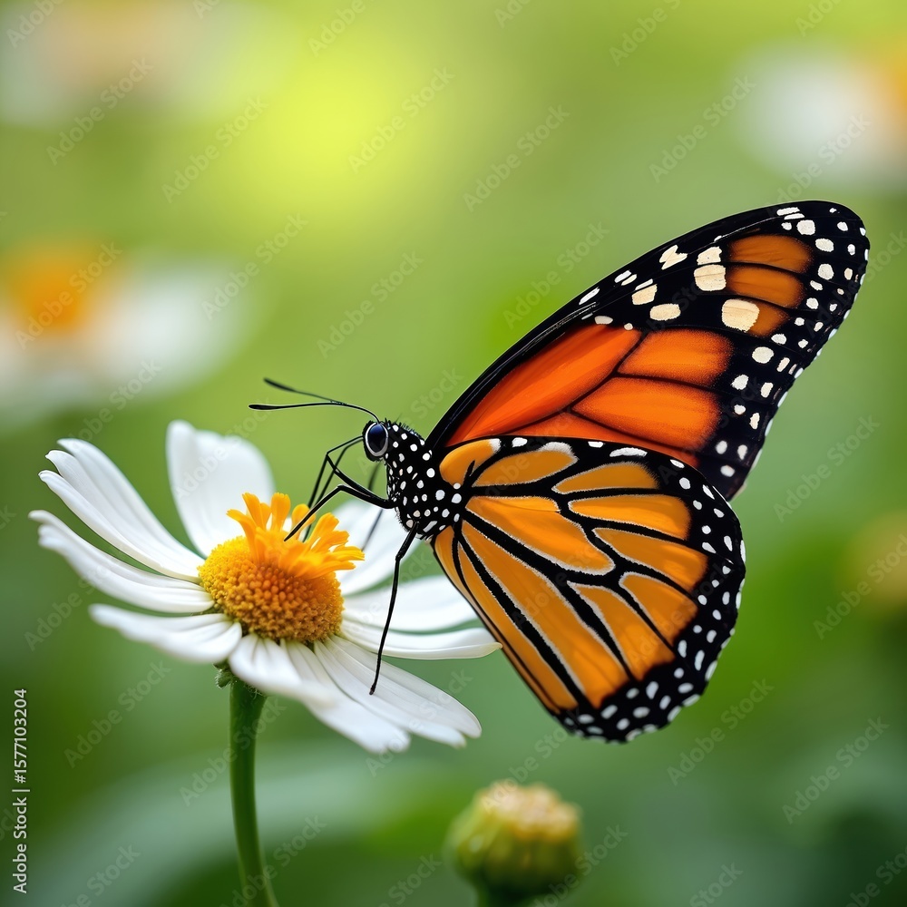 Fototapeta premium Monarch butterfly hovers above white daisy in flight. Orange wings with black spots spread, motion blur in green field background. Natural serene environment, vibrant colors, outdoor setting.