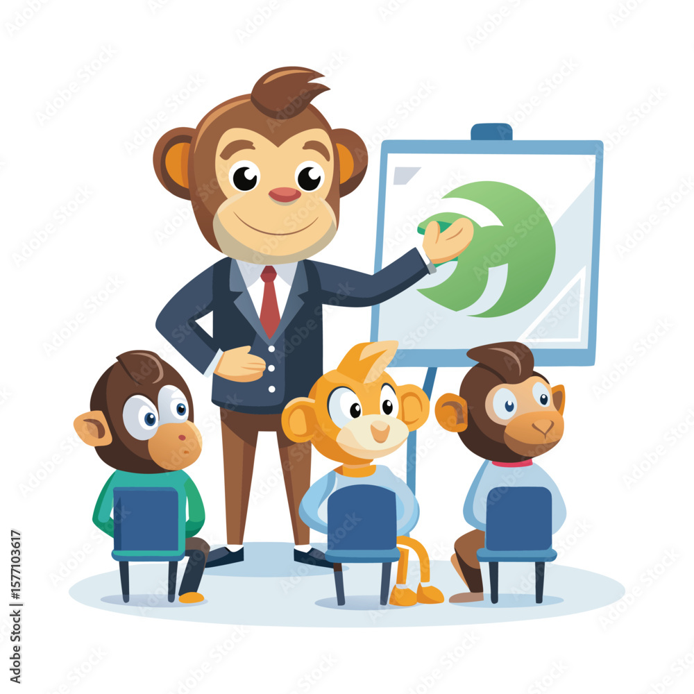 Professional Monkey Trainer Hosting a Corporate Seminar with Flip Chart. Funny Business Animal Vector Illustration for Office Learning, Leadership, Coaching, and Workplace Presentation Designs. Professional Monkey Trainer Hosting a Corporate Seminar with Flip Chart. Funny Business Animal Vector Illustration for Office Learning, Leadership, Coaching, and Workplace Presentation Designs.