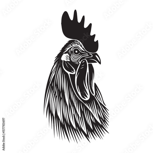 Rooster Head Silhouette Detailed Vintage Farm Animal Illustration