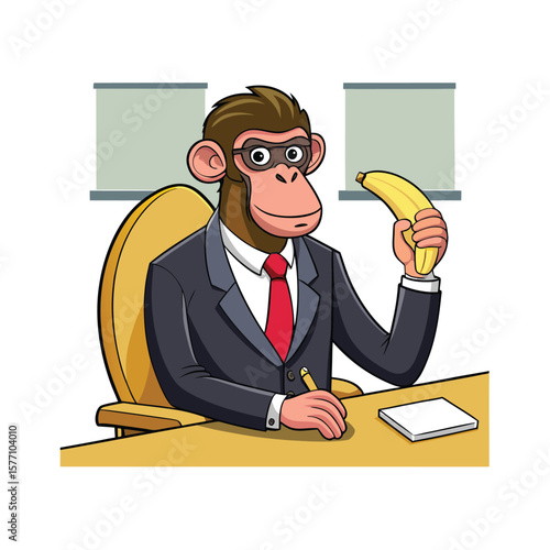 Cheeky Monkey Secretly Eating Banana in Boardroom. Funny Office Humor Vector Art for Business Presentations, Corporate Designs, and Workplace Illustration Projects.